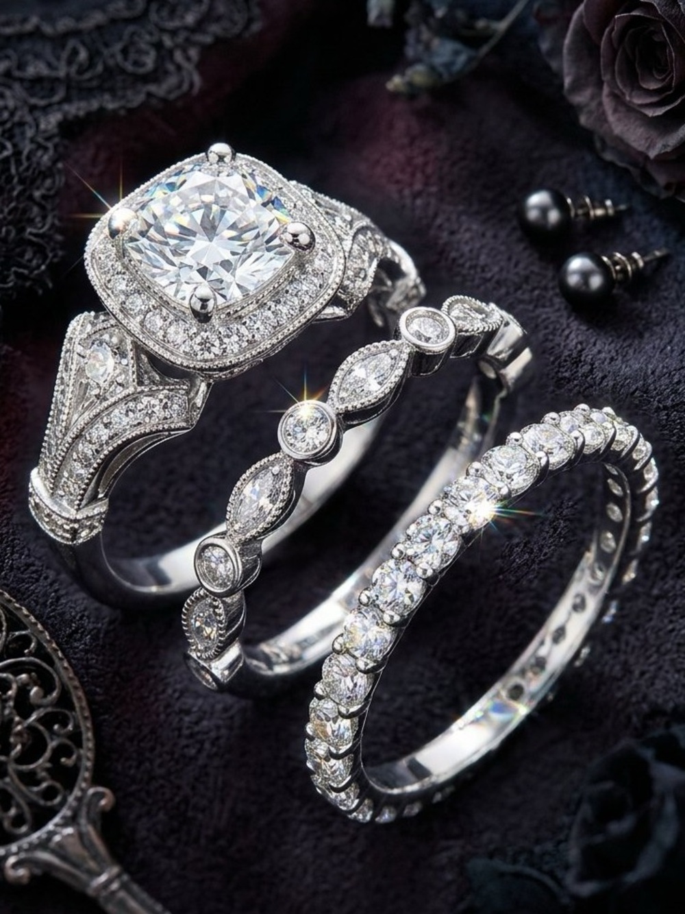 Cushion Cut Ring Set Coquette Vintage Old Money Bridal Retro Whimsical Boho Glam